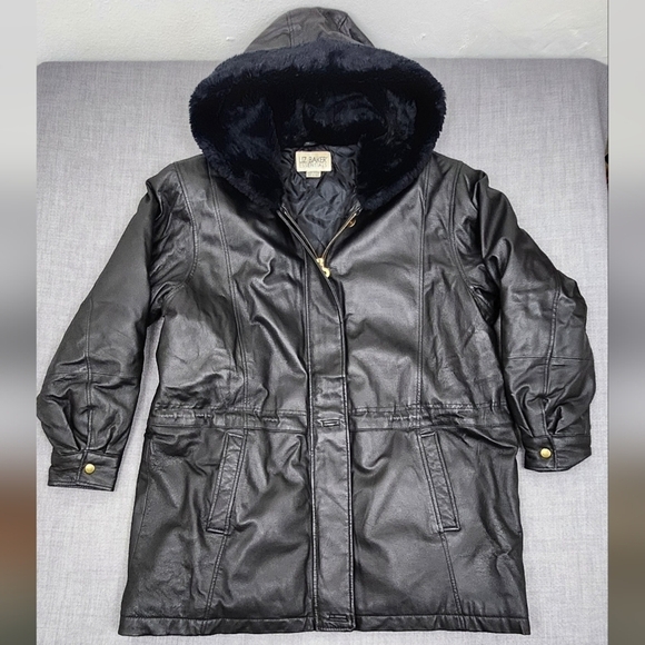 Liz Baker Jackets & Blazers - Liz Baker Essentials Mid-Length Black Leather Coat With Hood.  XL